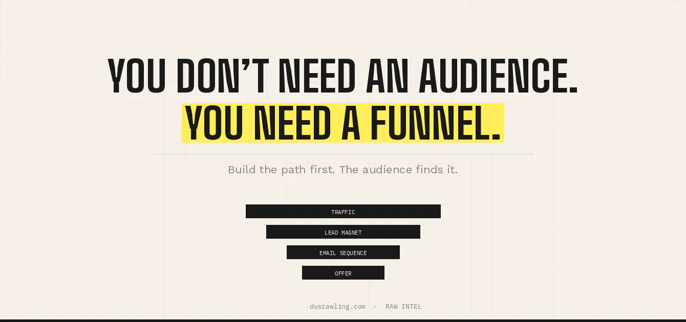 You don't need an audience. You need a funnel. Build the path first. The audience finds it. — dusrawling.com Raw Intel